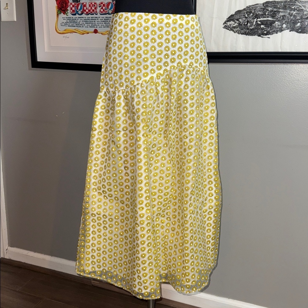 Topshop Organza & Cotton Yellow Daisy Layered Cottagecore Midi Skirt SZ 4